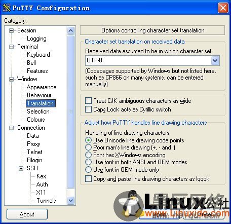 PuTTY character set settings
