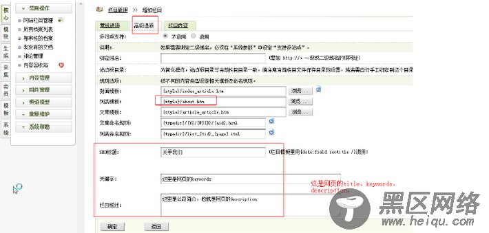 填写织梦栏目的高级选项