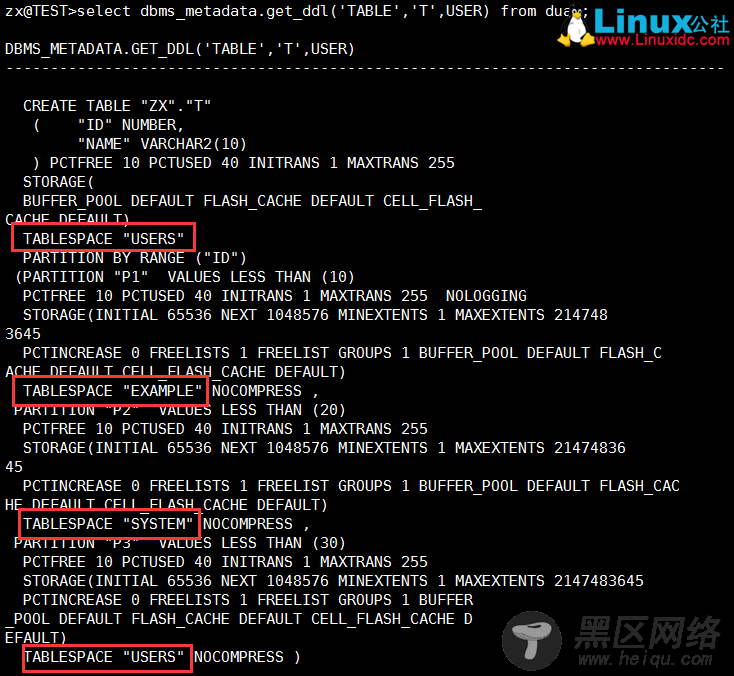 Oracle中分区表中表空间属性
