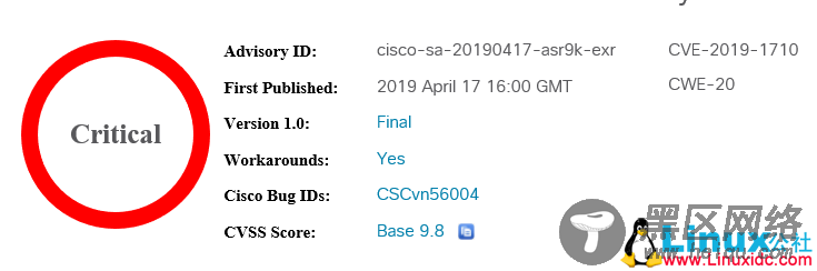CVE-2019-1710 - Cisco IOS XR 64位软件关键安全漏洞警报