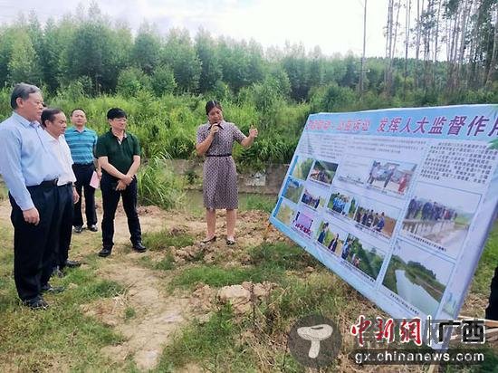 图为象州县人大常委会有关负责人向广西人大常委会调研组介绍罗秀河南北干渠相关情况。罗先彬 摄