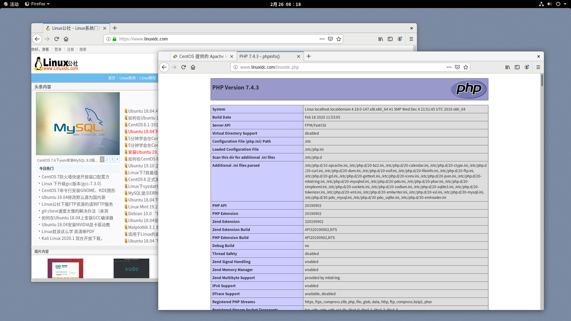 CentOS 8.1下搭建LAMP(Linux+Apache+MySQL+PHP)情况