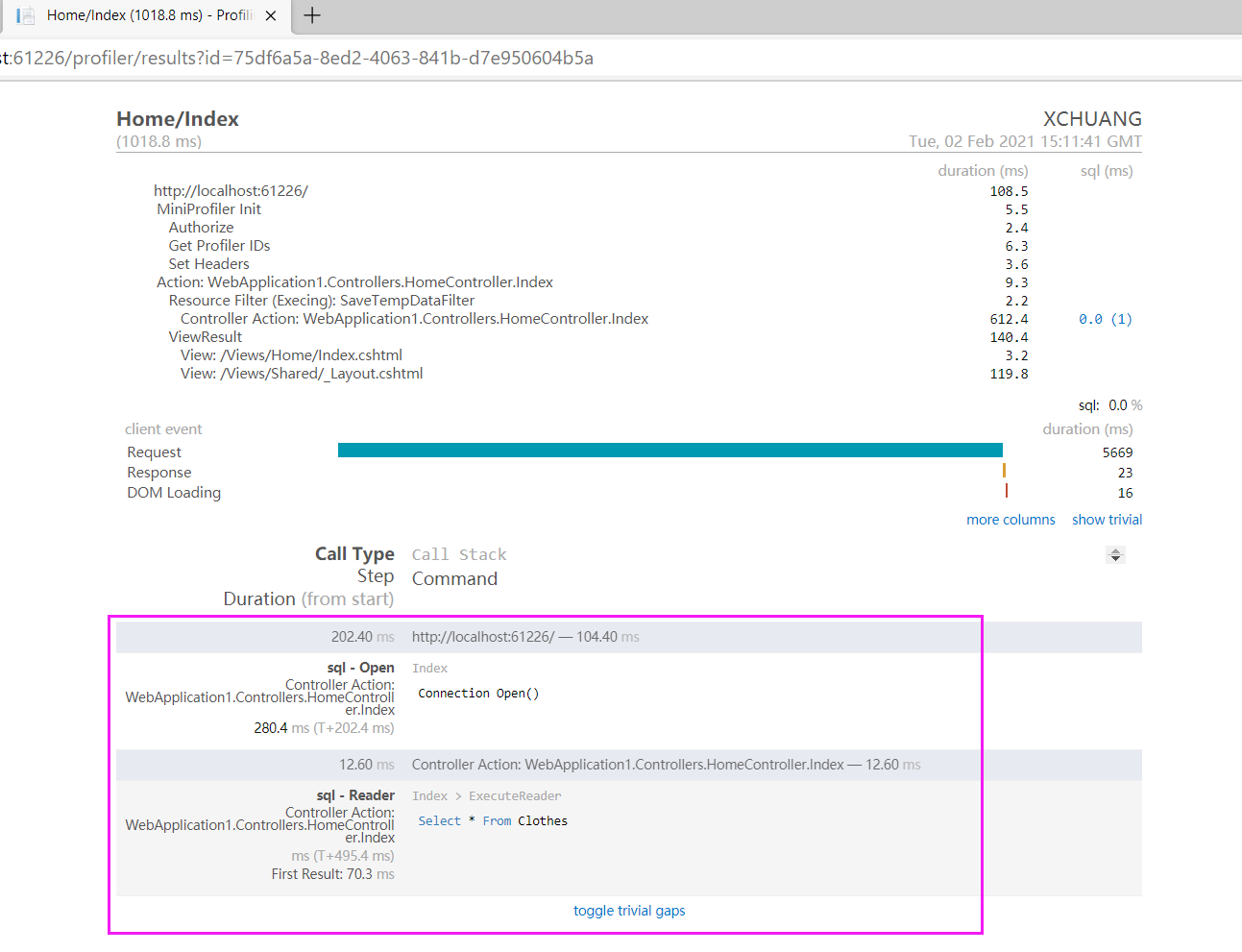 在 ASP.Net Core 中利用 MiniProfiler的要领