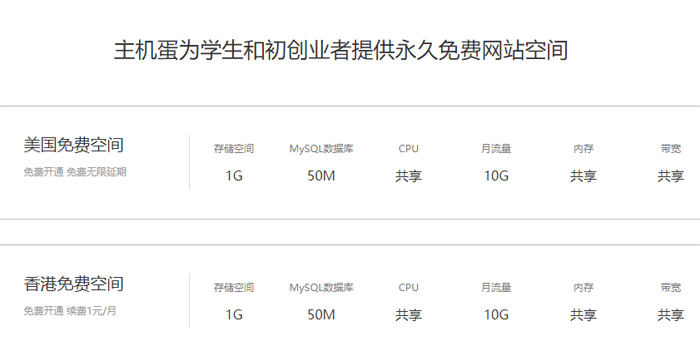 主机蛋为学生和初创业者提供美国永久免费空间申请